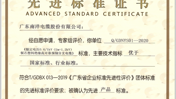 广东南洋电缆股份有限公司获首批“先进标准证书”